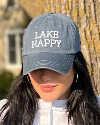 Lake Happy twill baseball style hat, dark slate with raised white letters.