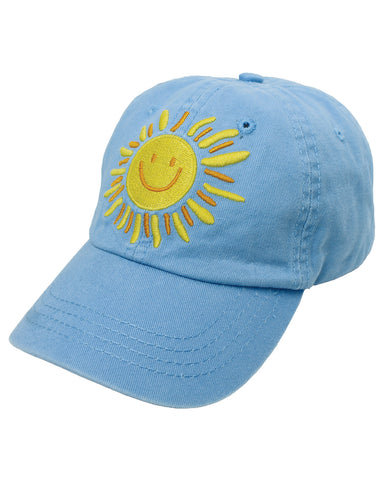 Lake Happy youth sized twill baseball style hat, light blue with embroidered sun logo.